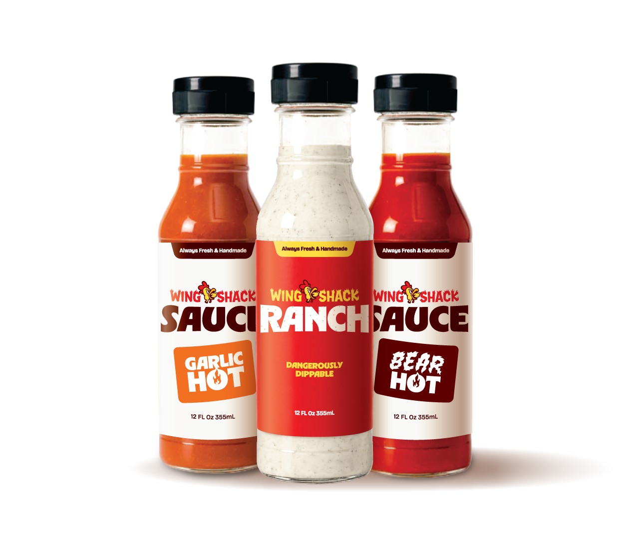 Wing Shack Garlic Hot, Ranch and Bear Hot bottled sauces