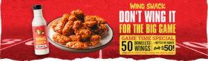 Graphic showcasing 50 wing special at Wing Shack